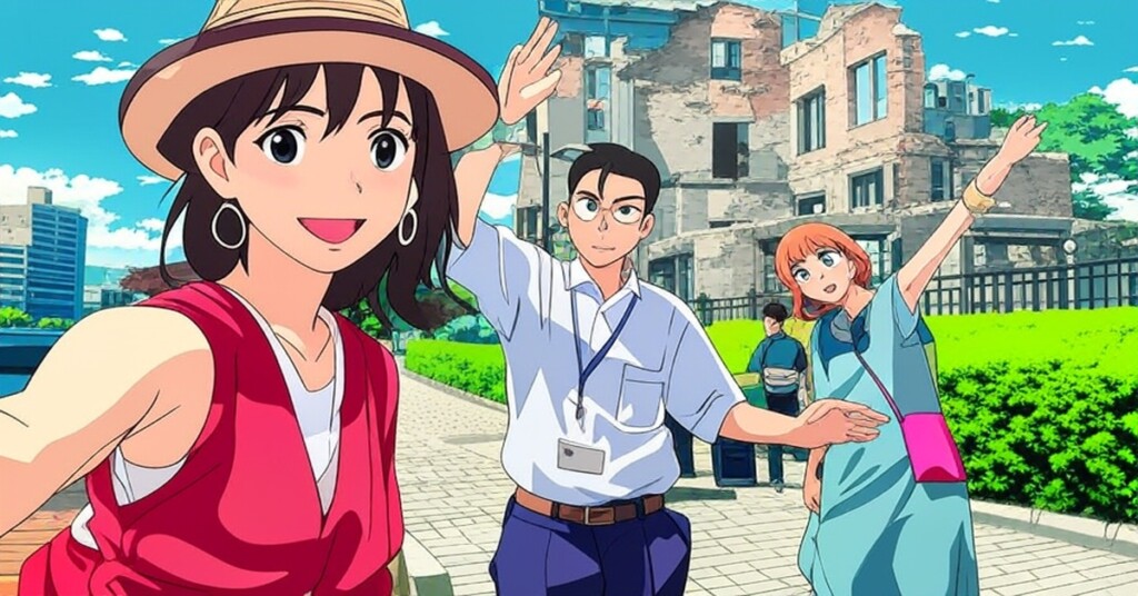 原爆ドームの前で大はしゃぎする折田楓(株式会社メッチュ社長)。この人物に広島市は観光サイトを発注した。