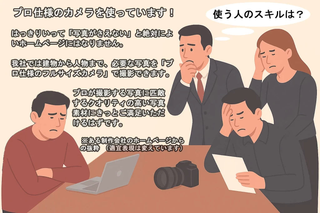 ホームページ制作業者が「プロ用カメラを用意している」と宣伝するも、実際には撮影スキルが伴わない問題を風刺的に描いたイラスト。