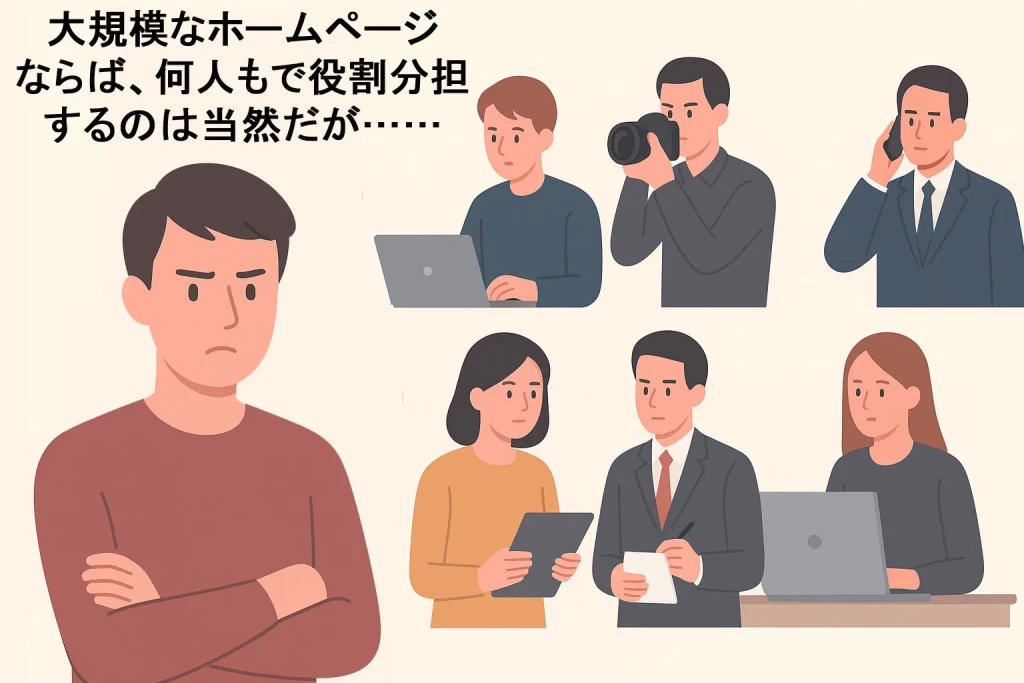 ホームページ制作における専門職の役割分担を表現したイラスト。デザイナー、コーダー、カメラマン、ライター、ディレクターなど。