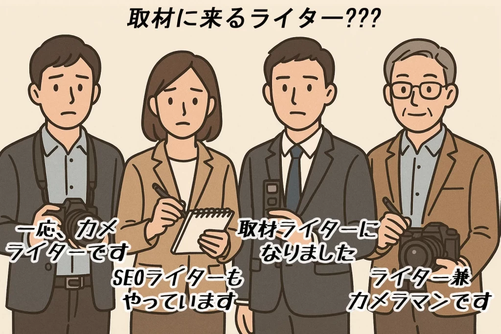 「取材に来るライター???」不安げなカメライター、SEOライター、取材ライターと、自信に満ちたライター兼カメラマンを比較したイラスト