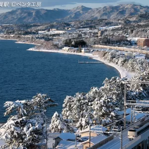 滋賀県の冬の風景・湖西線の志賀駅付近を北上する特急「サンダーバード」（撮影：ペンタ工房 柳本学）