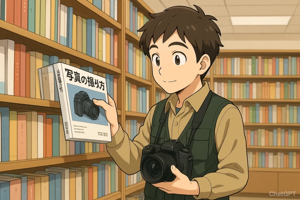 本屋さんで「写真の撮り方」という本を手に持ち、笑顔でカメラを首から下げた若い男性のイラスト。かつて写真技術を学ぶために専門書が主流だった時代を象徴しており、紙のノウハウ本が減少した現代との対比を表現している。写真撮影の学習方法の変化を示す画像。