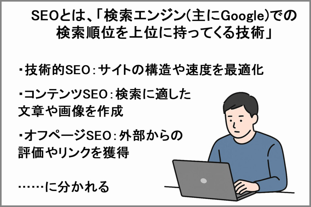 SEOには3種類あり、いずれもわかりにくい。このおかげで、￥ホームページ制作者はいい加減なことをやっても、お客からは責められない。