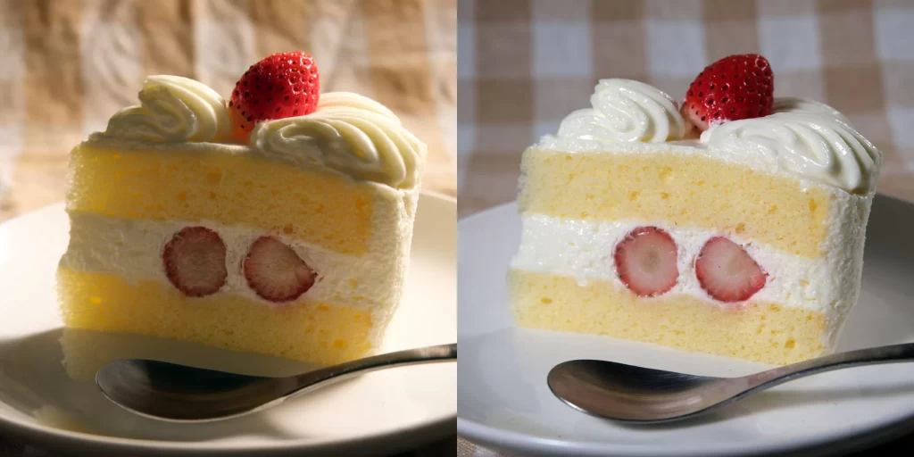 半逆光と順光で撮影したショートケーキの比較写真。左の半逆光は前面が暗く魅力が半減、右の順光は前面に光が当たり美味しそうに見える。テーブルフォト(料理写真)でも高さのある被写体では順光が適している例。