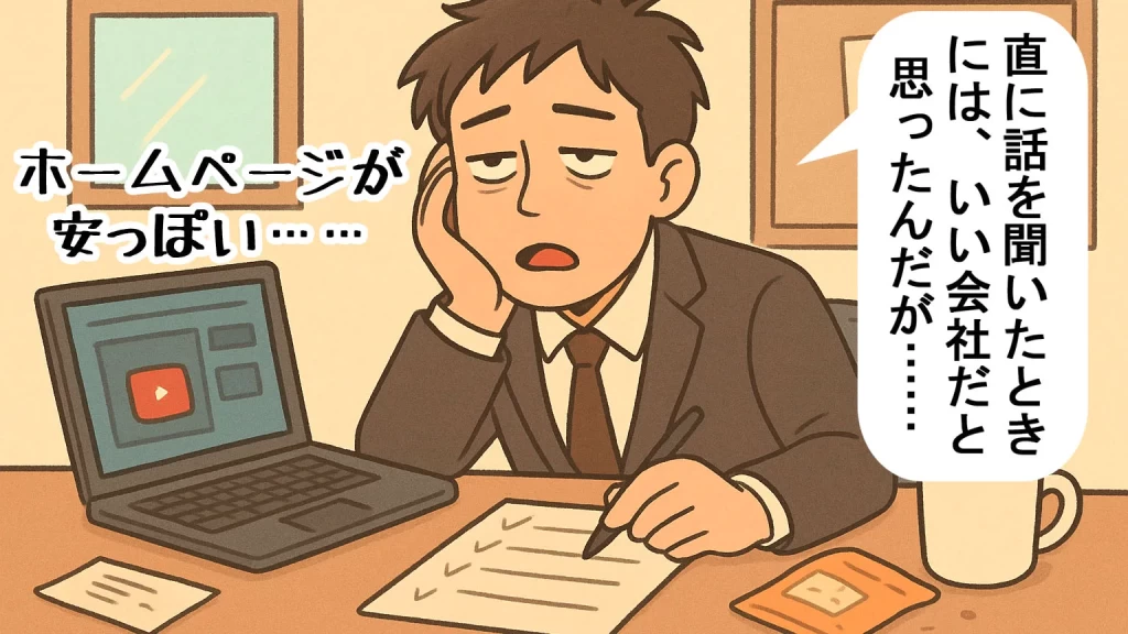 格安ホームページを見て呆れる求人応募者や取引先候補 - 安っぽいサイトが原因で機会損失するイラスト（制作：ペンタ工房）