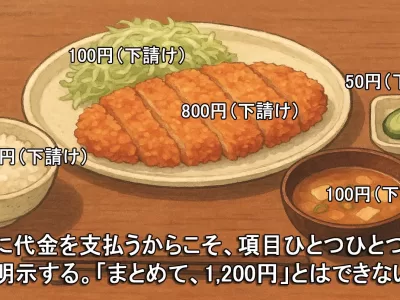 とんかつ定食の見積書風イラスト。各料理に「下請け」の価格表示があり、ホームページ制作見積書の複雑さを表現