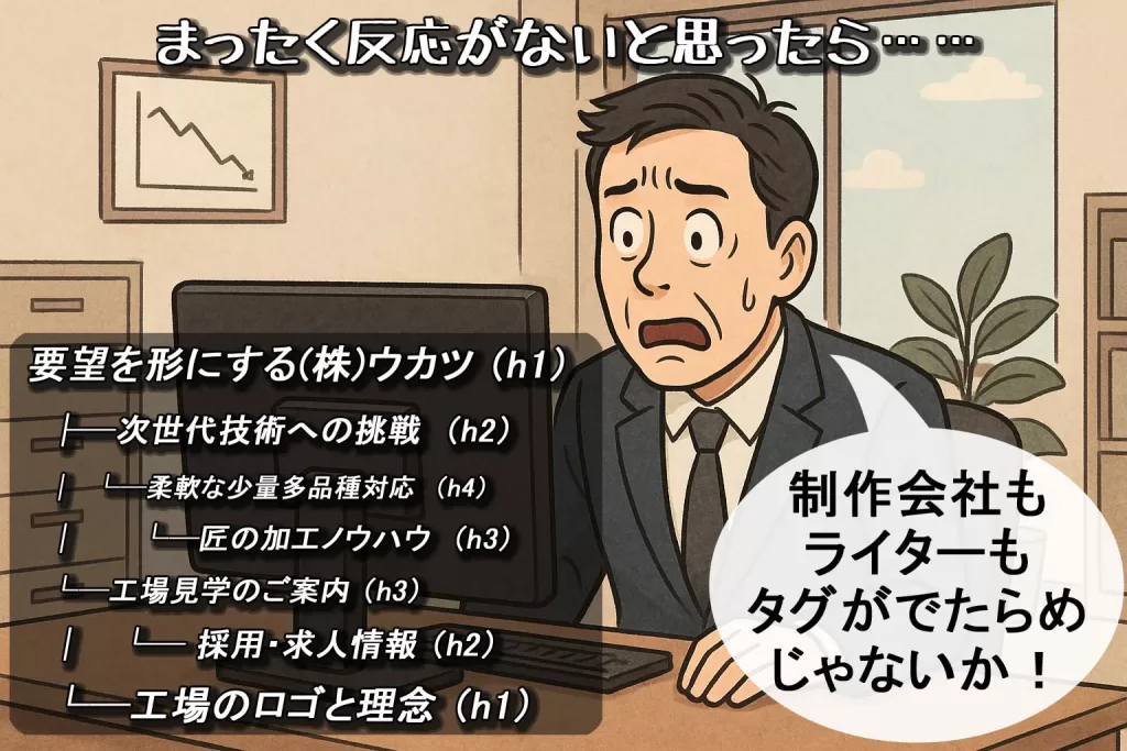 見出し構造チェック結果：h1/h2タグの順序がバラバラで、品質や採用情報より先にh3が出ることでSEO評価が下がる失敗例（ラッコツールズより）