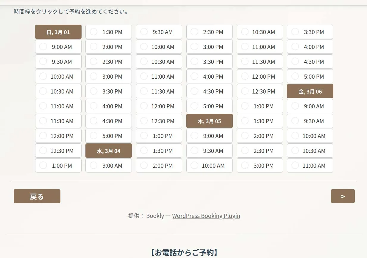 一人美容室・一人サロン向け予約カレンダーのサンプル画面（Booklyプラグイン）