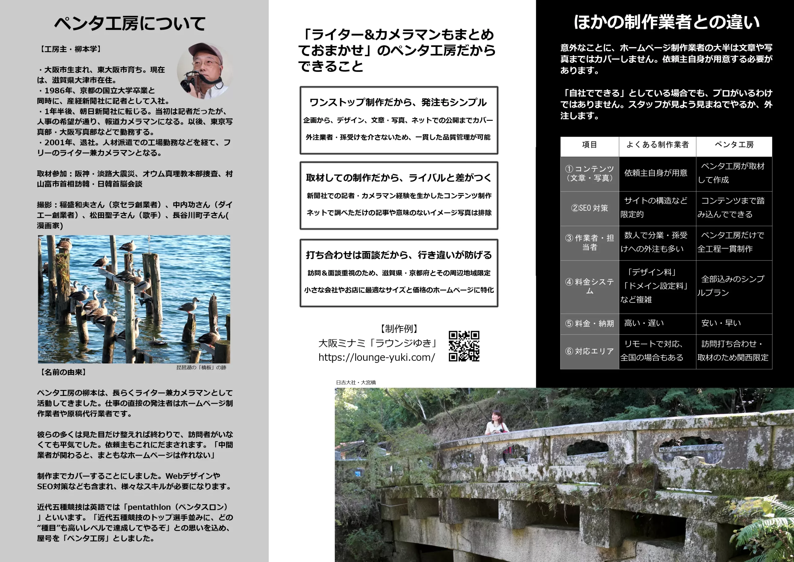 滋賀県ペンタ工房のパンフレット実例・裏面——ライター＆カメラマンもまとめておまかせ